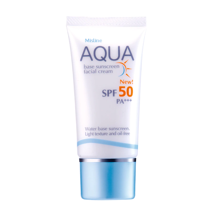 Mistine AQUA base sunscreen facial cream SPF50 PA+++ กันแดดสูตรน้ำ เบาสบาย ไม่เหนอะหนะ ไม่มัน ไม่หมองคล้ำ นานตลอดวัน