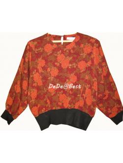 ขายแล้วค่ะ T37:Vintage top เสื้อวินเทจ ผ้าเล่นแสงเป็นโทนสีน้ำตาล,ส้ม,แดง ลายดอกไม้สวย ๆ❤