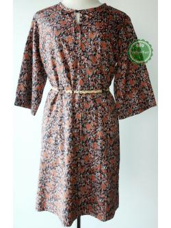 D63:Vintage dress เดรสวินเทจลายดอกไม้สีดำ-สีส้ม คอผูกโบว์ได้