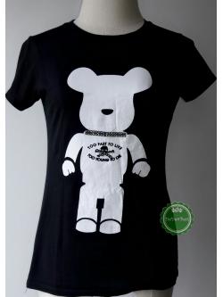 T112:2nd hand top เสื้อยืดสีดำสกรีนลายหมีสีขาวติดเพชร