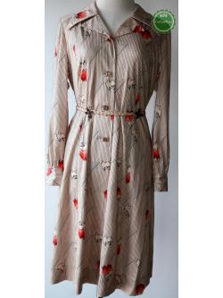 D67:Vintage dress เดรสวินเทจแขนยาวสีครีมลายนก (มีซับใน)