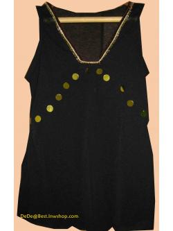 แถมให้คุณปวริศาค่ะ T17:2nd hand top เสื้อแขนกุดสีดำคอวีปักแถบสีทอง❤