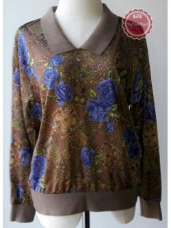 T65:Vintage top เสื้อวินเทจสีน้ำตาล ลายดอกไม้สีน้ำเงินและลายกราฟฟิคสีทอง
