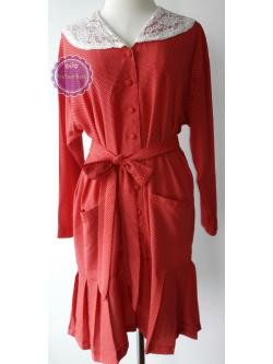 D50:Vintage dress เดรสวินเทจสีแดงลายจุดขาว ปกลูกไม้ (มีผ้าผูกเอว)