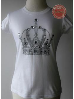 T116:2nd hand top เสื้อยืดสีขาวสกรีนลายและปักเลื่อมเป็นรูปมงกุฏ