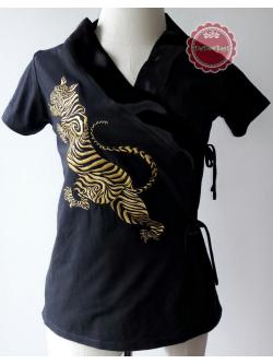 T43:2nd hand top เสื้อสีดำปักลายเสือสีทอง