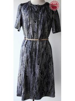 D42:Vintage dress เดรสวินเทจสีน้ำเงินลายรวงข้าวสีขาวมีมิติ