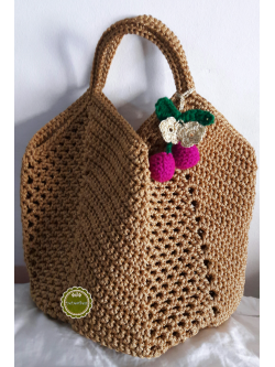 ขายแล้วค่ะ B72 : Handmade bag กระเป๋าถุงแกง ถักเชือกร่ม สีกากีดิ้นทอง❤