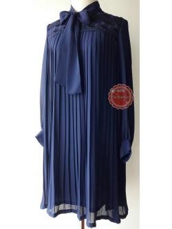 ขายแล้วค่ะ D55:Vintage dress เดรสวินเทจผ้าซีฟองสีน้ำเงิน อัดพรีทรอบชุด บ่าติดลูกไม้สวย ผูกโบว์ที่คอเสื้อ❤