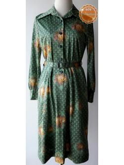 ขายแล้วค่ะ D66:Vintage dress เดรสวินเทจสีเขียวลายดอกไม้และกราฟฟิค มีเข็มขัดเข้าชุด❤