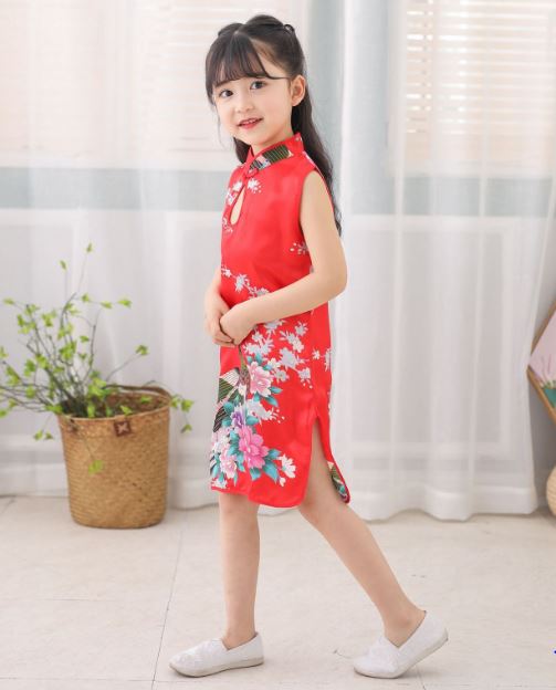 ชุดกี่เพ้าเด็กหญิงสีแดง พิมพ์ลายนกและดอกไม้สวยงาม Size 2-12