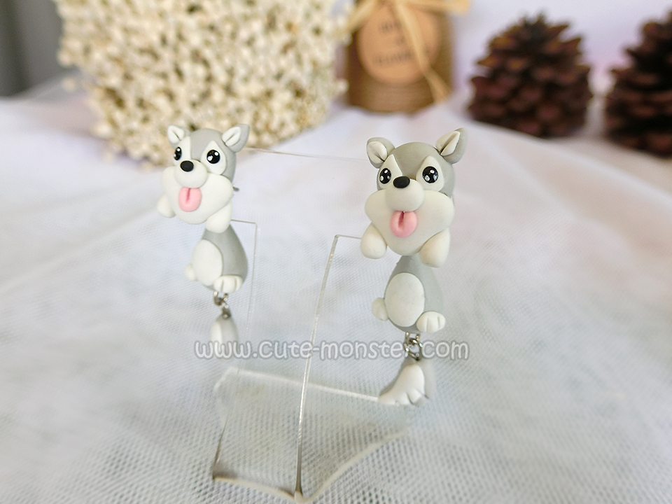 ต่างหู น้องหมา ไซบีเรียนฮัสกี้ สีเทา Siberian Husky (Gray)