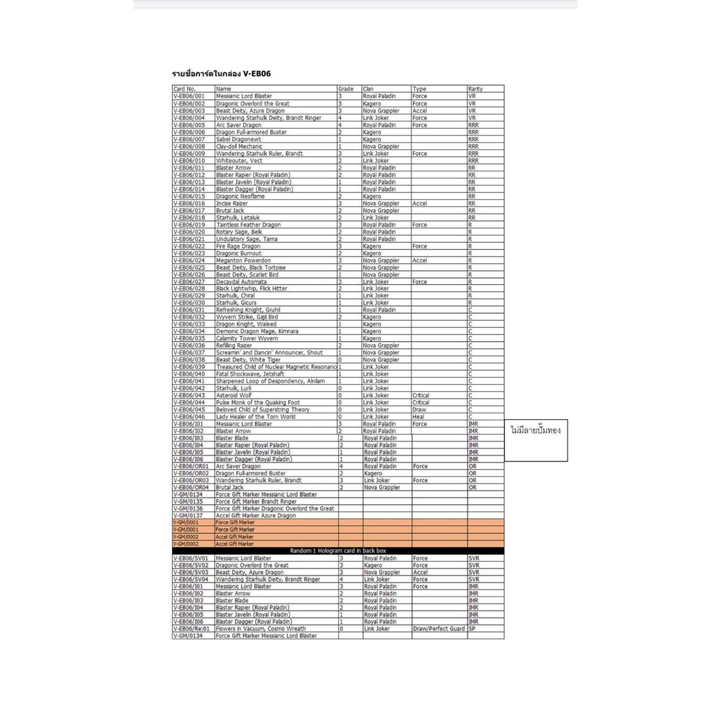 การ์ดแวนการ์ด V-EB06 แบบกล่องและแยกแคลน รอยัล พาลาดิน คาเงโร่ โนว่าแกรปเปอร์ ลิ๊งโจ๊กเกอร์