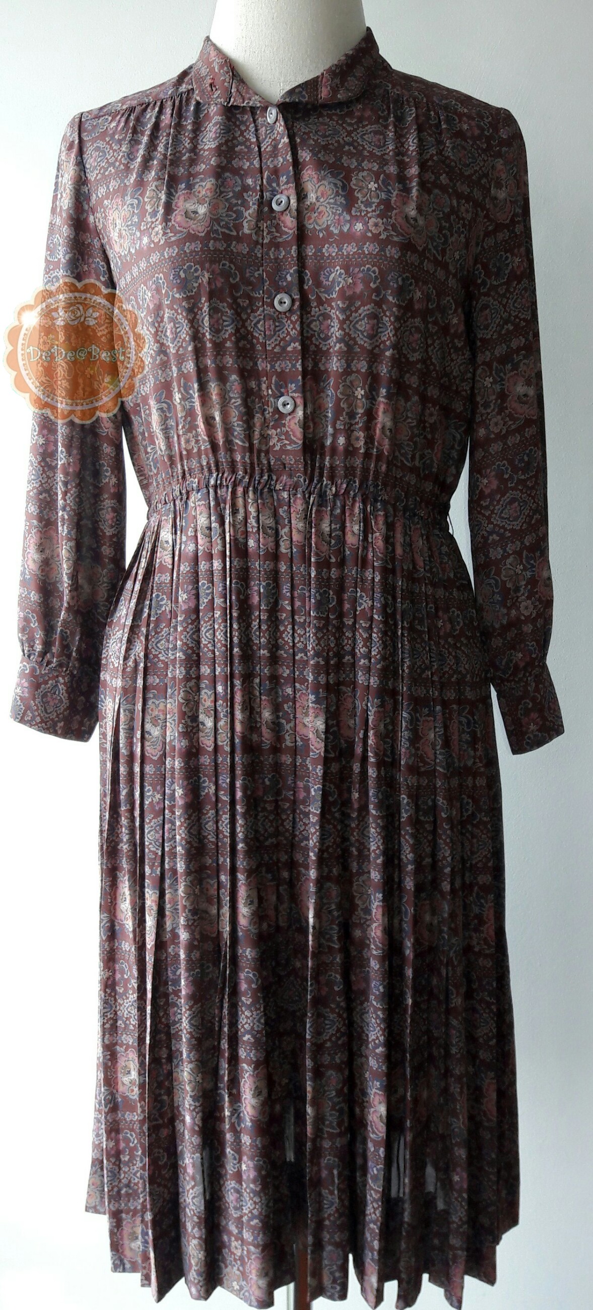 ขายแล้วค่ะ D60:Vintage dress เดรสวินเทจ โทนสีน้ำตาล ลายกราฟฟิคและดอกไม้❤