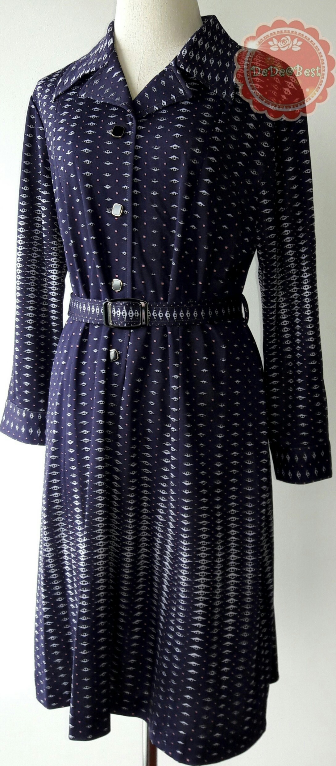 D46:Vintage dress เดรสวินเทจผ้าโพลีสีน้ำเงินลายกราฟฟิค(มีเข็มขัด)