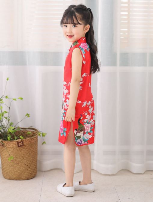 ชุดกี่เพ้าเด็กหญิงสีแดง พิมพ์ลายนกและดอกไม้สวยงาม Size 2-12