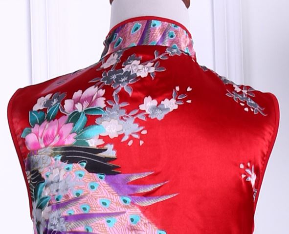 ชุดกี่เพ้าเด็กหญิงสีแดง พิมพ์ลายนกและดอกไม้สวยงาม Size 2-12