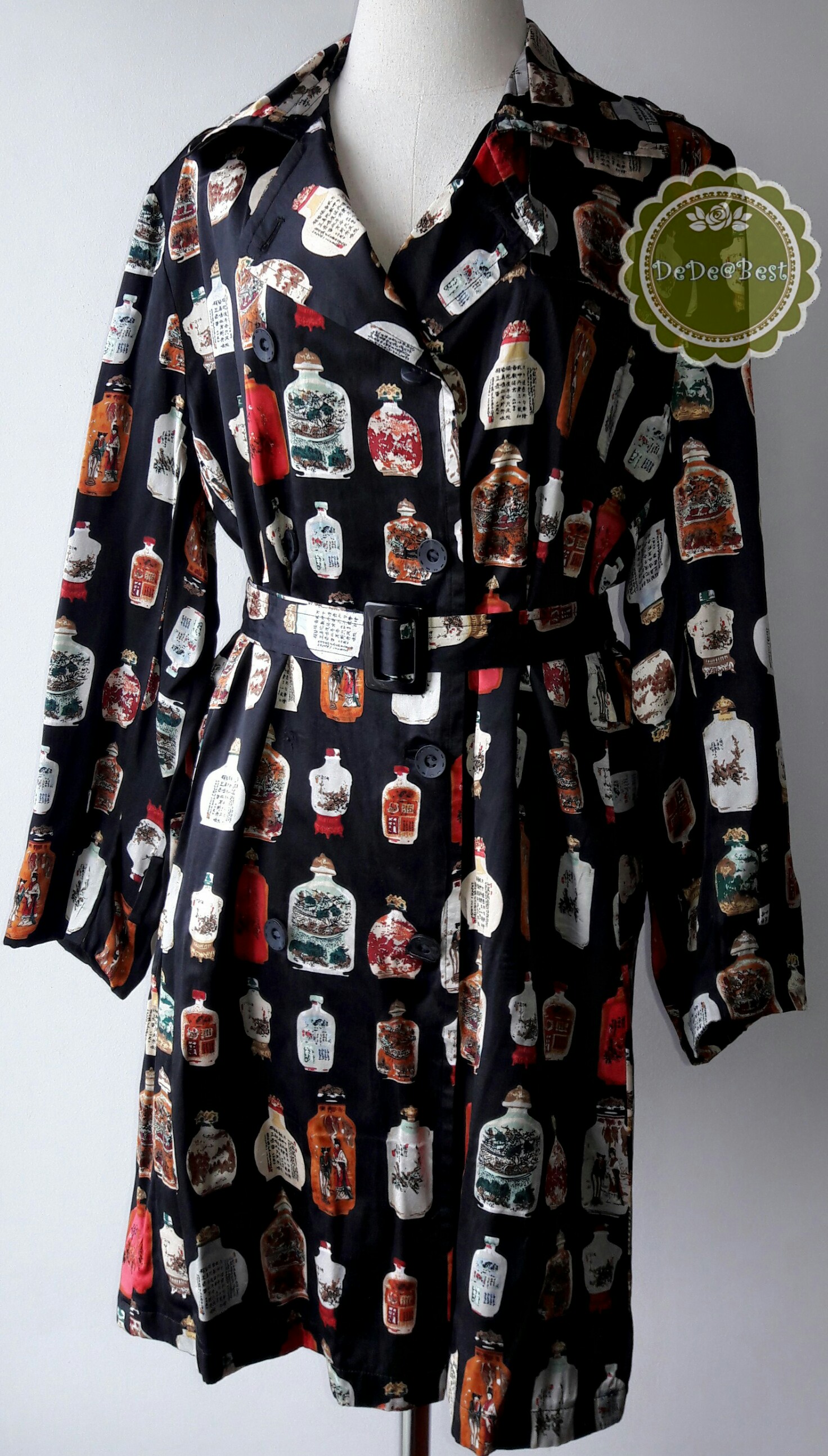 D52:Vintage dress เดรสวินเทจสีดำลายขวดจีนโบราณ(ซับในทั้งตัวและมีเข็มขัด)