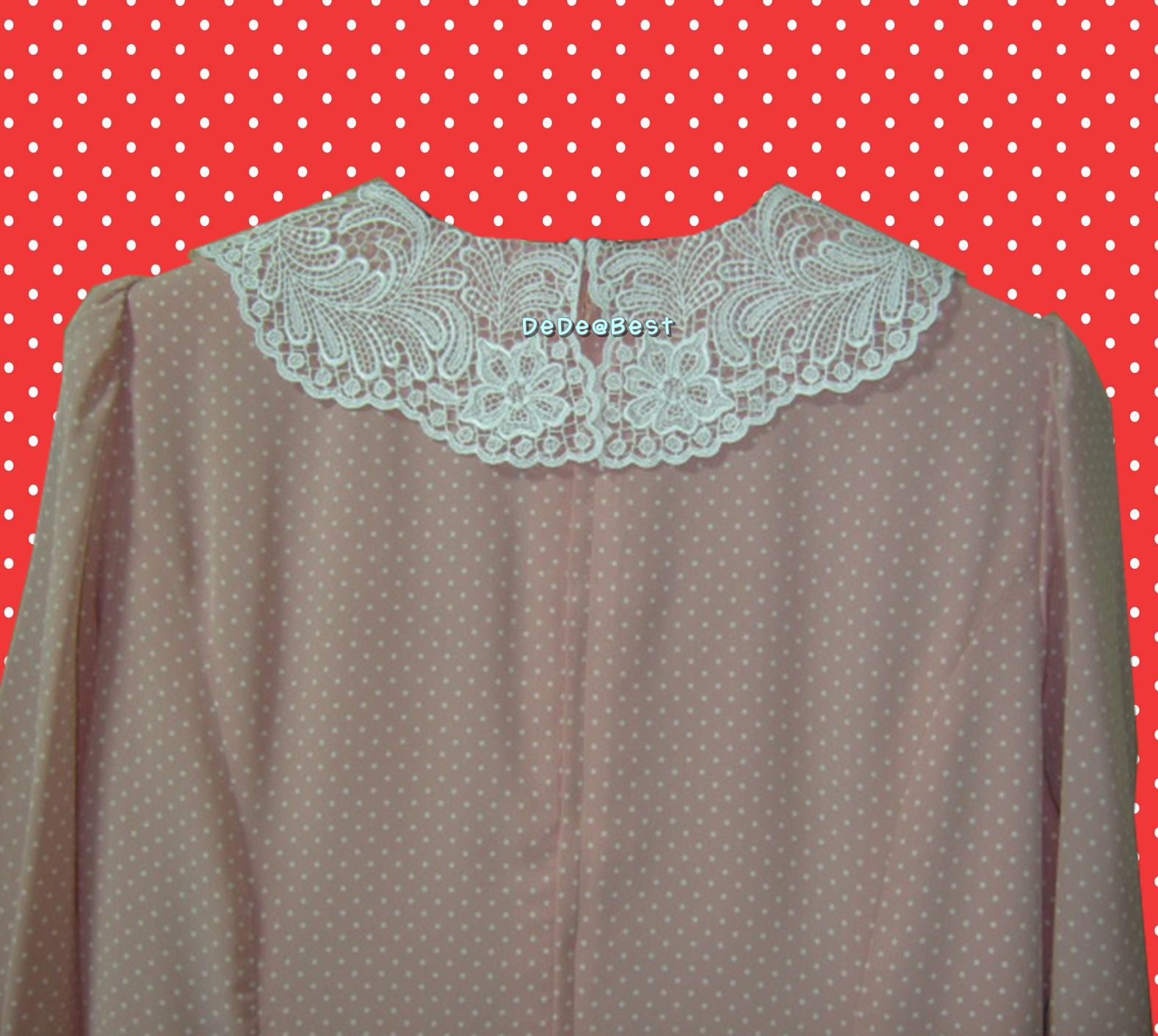 ขายแล้วค่ะ D32:Vintage dress เดรสวินเทจสีชมพูลายจุดขาว ปกลูกไม้สวยหวาน❤