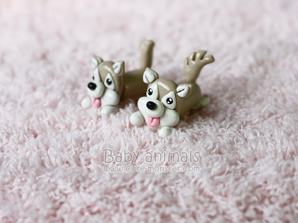 ต่างหูดินปั้น Baby siberian husky (brown)