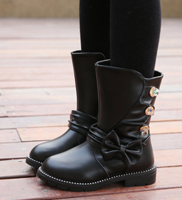 รองเท้าบู๊ทยาว สีดำ ประดับโบว์และเพชรดูเรียบหรู Size 32-37