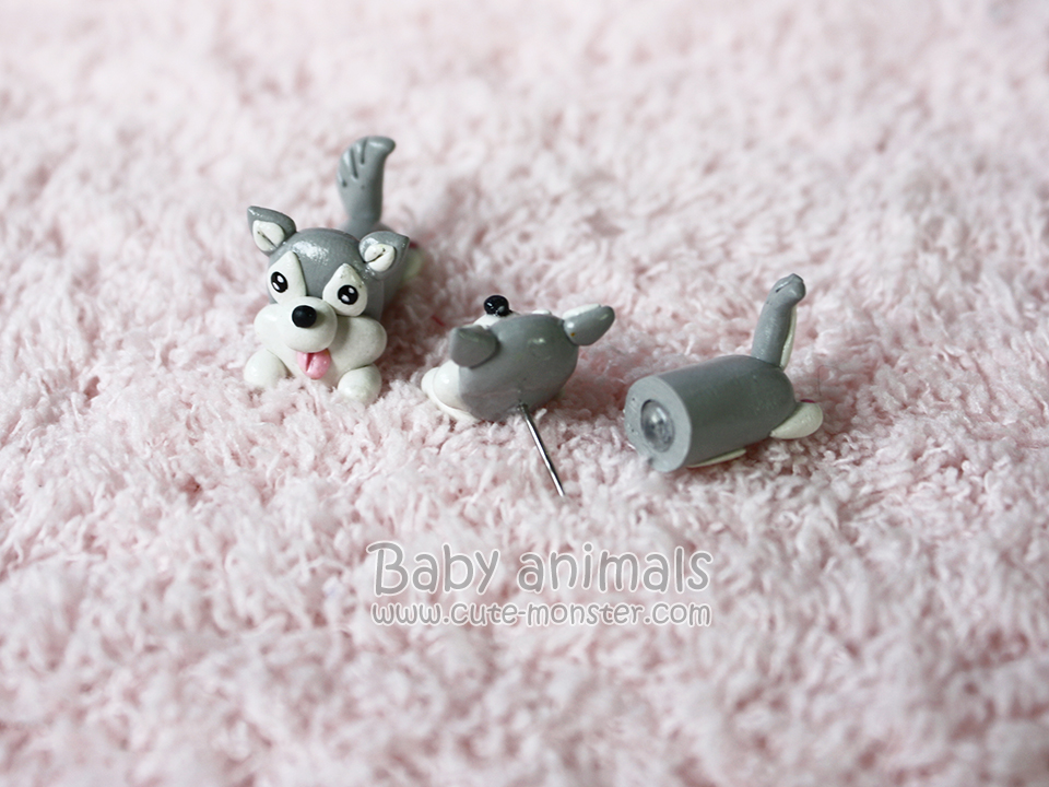 ต่างหูดินปั้น Baby siberian husky (Gray)