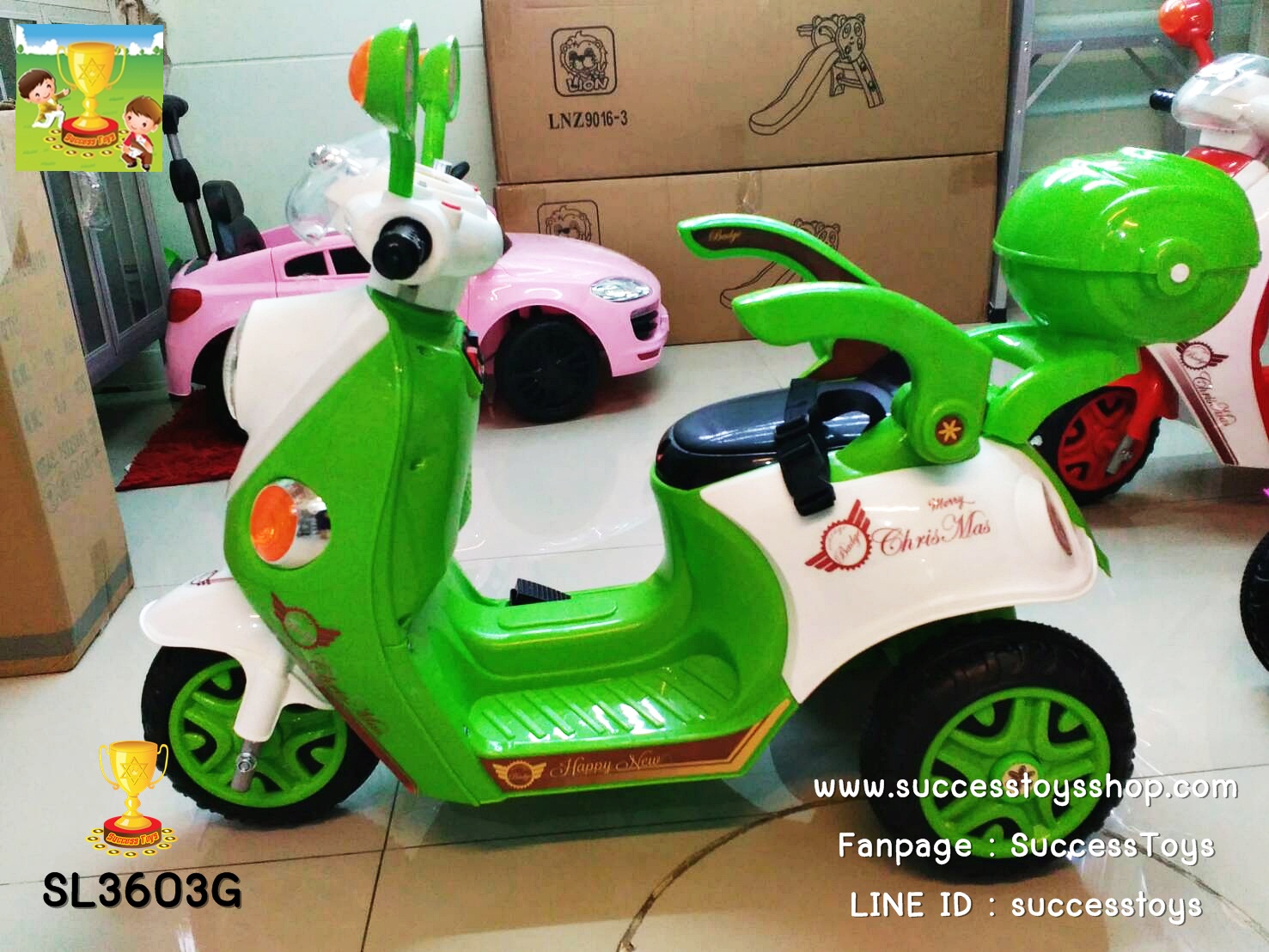 SL3603G มอเตอร์ไซค์เด็กนั่งไฟฟ้า ยี่ห้อ Scoopy มีเข็มขัดนิรภัย สีเขียว