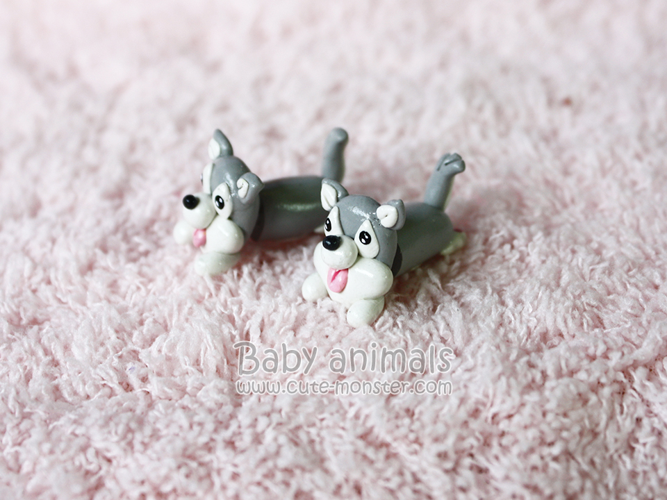 ต่างหูดินปั้น Baby siberian husky (Gray)