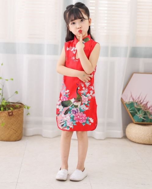 ชุดกี่เพ้าเด็กหญิงสีแดง พิมพ์ลายนกและดอกไม้สวยงาม Size 2-12