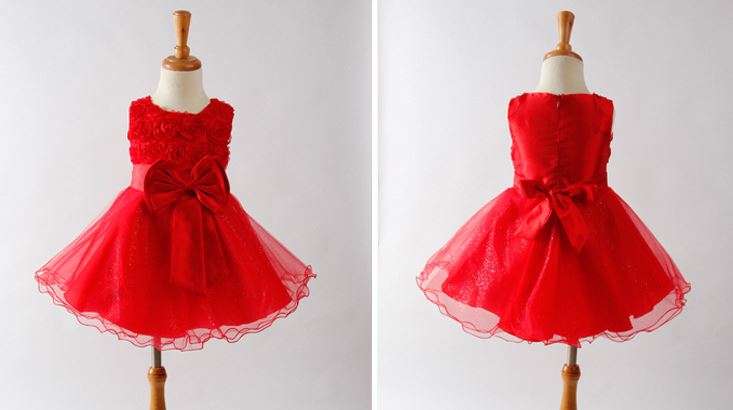 ชุดกระโปรงเด็กสีแดง เดรสราตรีเด็กหญิง ประดับดอกไม้ แขนกุด