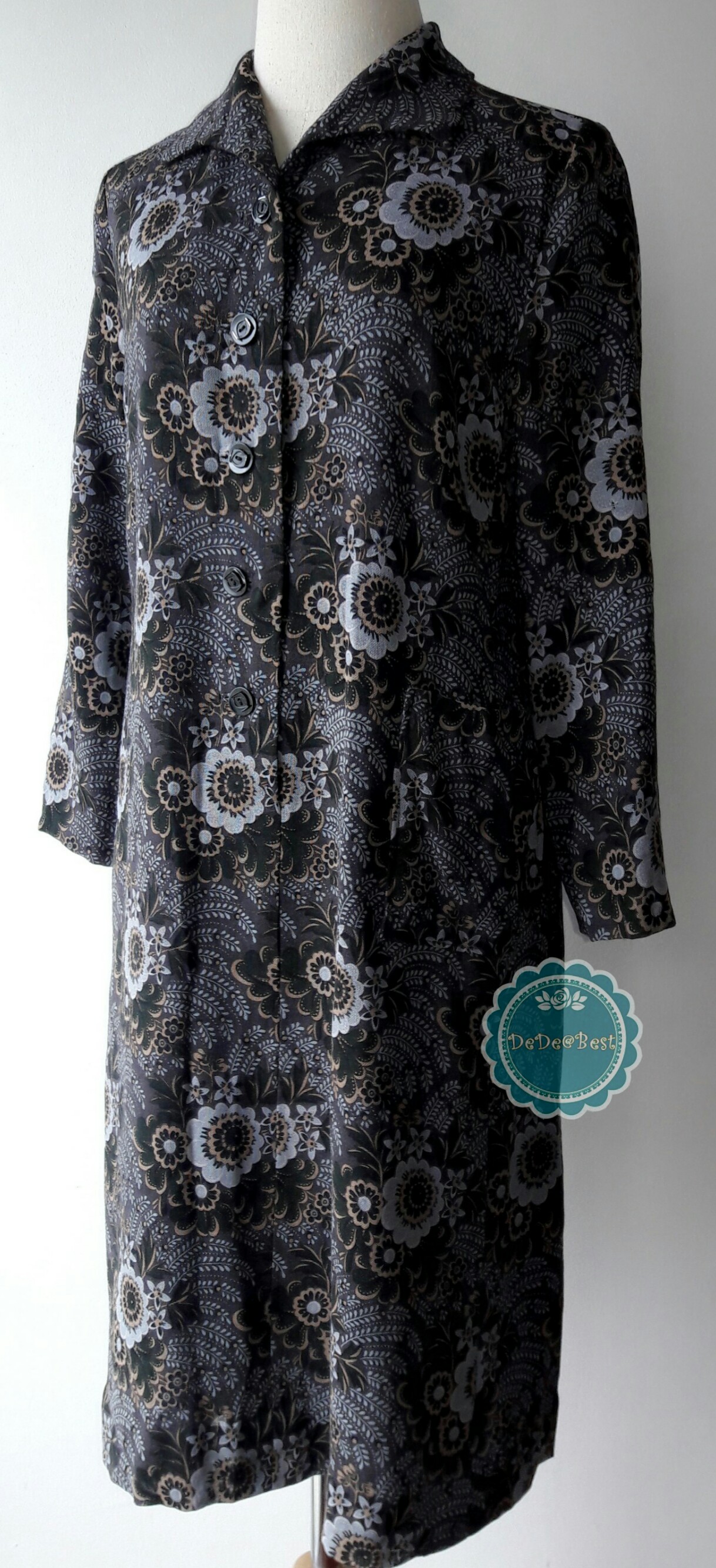 D40:Vintage dress เดรสวินเทจสีเทาลายดอกไม้