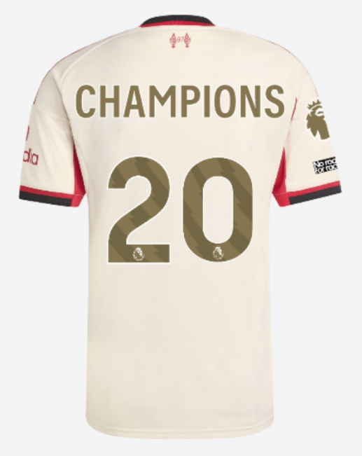 เสื้อลิเวอร์พูล 2025 2026 ทีมเยือน CHAMPIONS 20+อาร์มทอง+No Room For Racism ของแท้