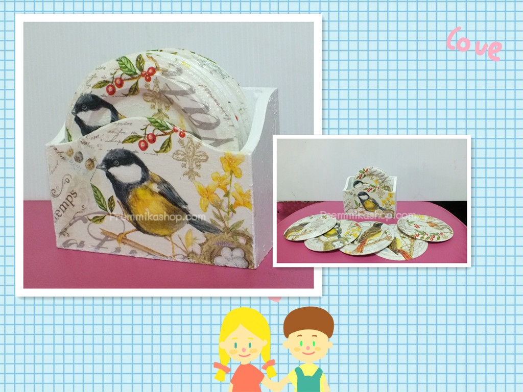 ชุดจานรองเเก้ว เดคูพาจ ลายนกน่ารัก
