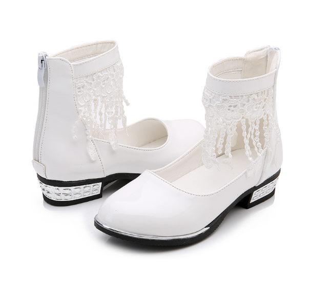 รองเท้าคัชชูเด็กหญิงสีขาว ตกแต่งลูกไม้รัดข้อเท้า หรูหรา