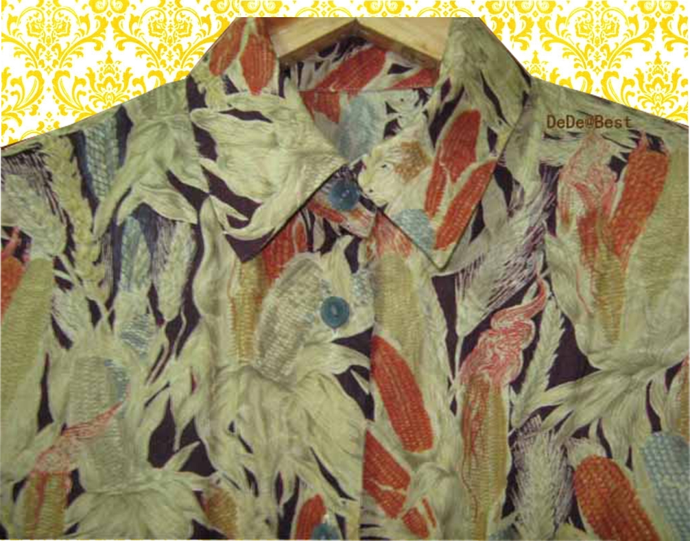 ขายแล้วค่ะ T34:Vintage top เสื้อเชิ้ตวินเทจผ้าไหม พิมพ์ลายข้าวโพดและทอลายดอกกุหลาบสวย❤