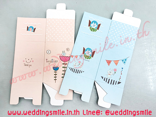 กล่องกระดาษใส่แก้วเป็ก ทรงบ้าน ชมพู-ฟ้า ลายการ์ตูน ขนาดเล็ก เริ่มต้นใบละ 5.-