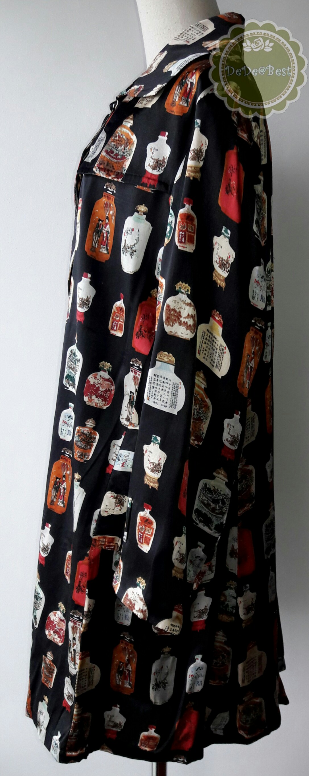 D52:Vintage dress เดรสวินเทจสีดำลายขวดจีนโบราณ(ซับในทั้งตัวและมีเข็มขัด)