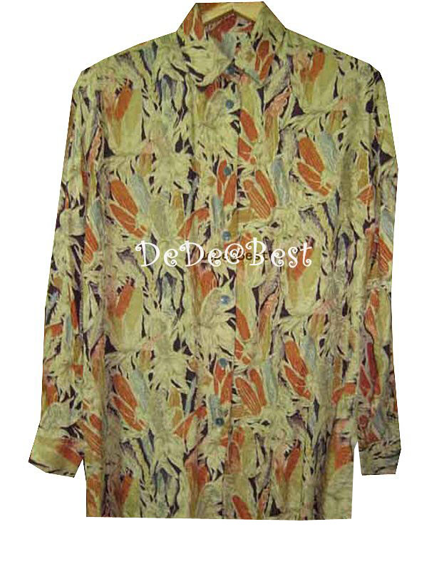 ขายแล้วค่ะ T34:Vintage top เสื้อเชิ้ตวินเทจผ้าไหม พิมพ์ลายข้าวโพดและทอลายดอกกุหลาบสวย❤