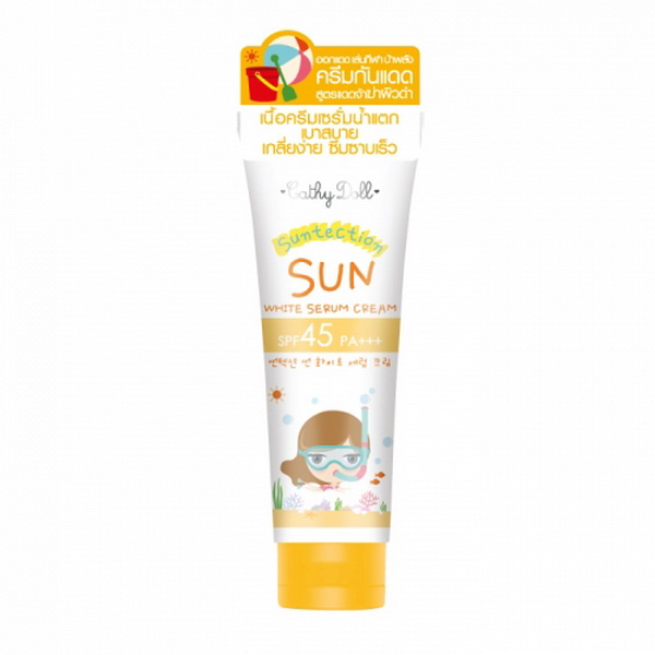 Cathy Doll Suntection SUN White Serum Cream SPF45 PA+++ ซันเทคชั่น ซันไวท์ เซรั่มครีม ครีมกันแดดผสมเซรั่ม สำหรับทาตัว กันแดดสูตรแดดจ้าฆ่าผิวดำ เนื้อครีมแตกตัวเป็นน้ำเซรั่ม บางเบา ไม่เหนอะหนะ เกลี่ยง่าย ซึมซาบเร็ว ป้องกันแสงแดดสะใจถึง 45 เท่า