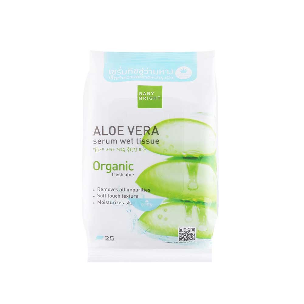 Baby Bright Aloe Vera Serum Wet Tissue 25แผ่น เบบี้ไบร์ท ทิชชู่เปียก แผ่นเช็ดเครื่องสําอาง