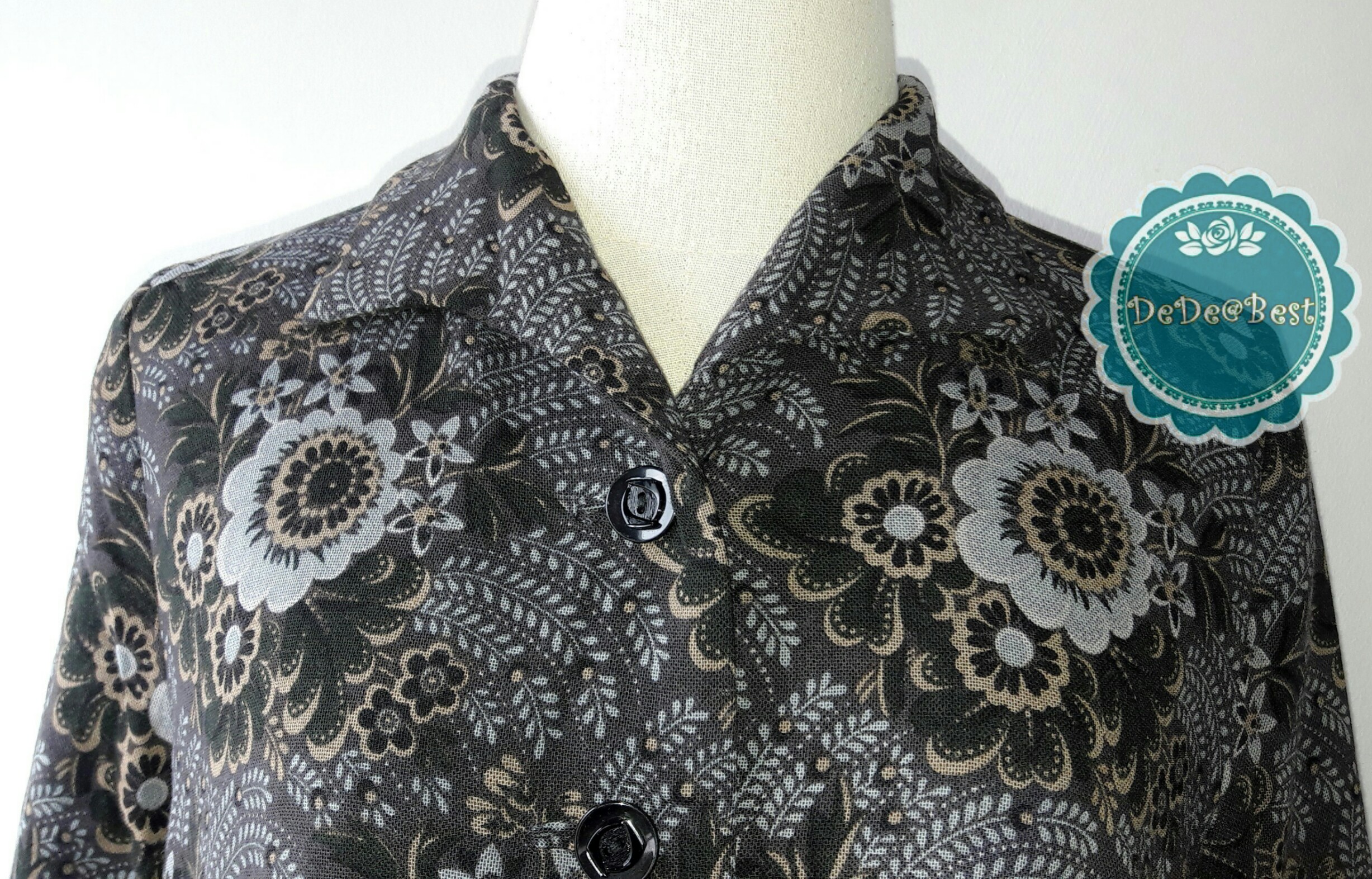 D40:Vintage dress เดรสวินเทจสีเทาลายดอกไม้