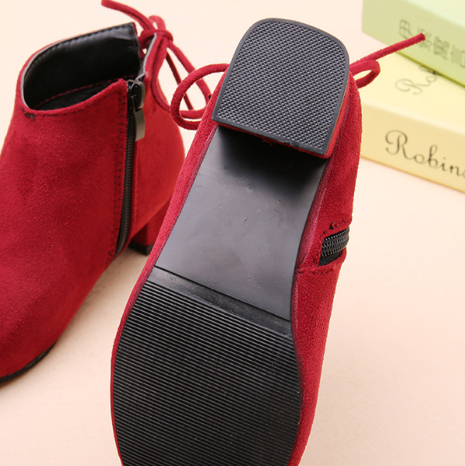 รองเท้าบู๊ทสั้น สีดำ หนังกำมะหยี่ ประดับโบว์ด้านหลัง Size 34-39