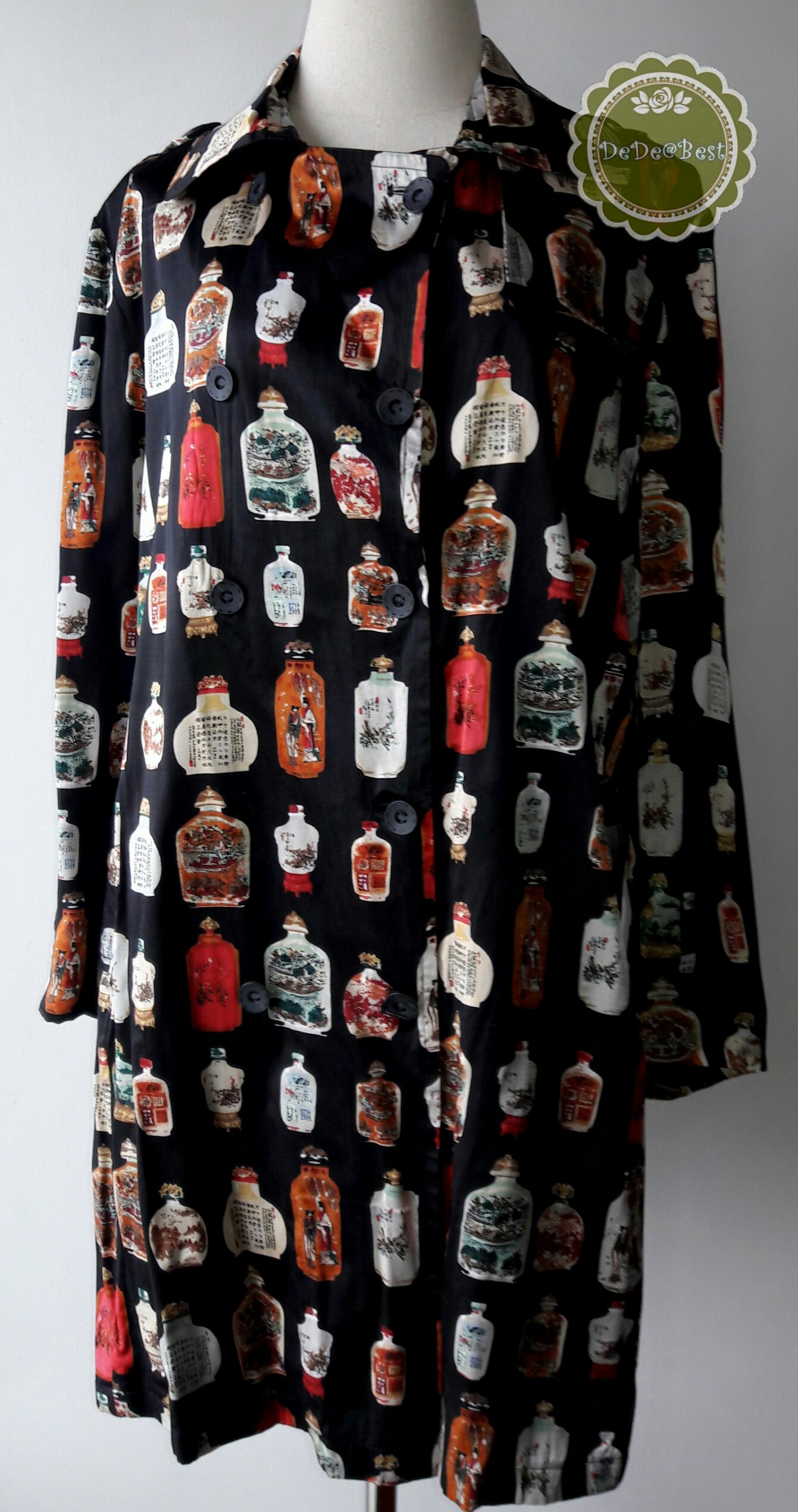 D52:Vintage dress เดรสวินเทจสีดำลายขวดจีนโบราณ(ซับในทั้งตัวและมีเข็มขัด)