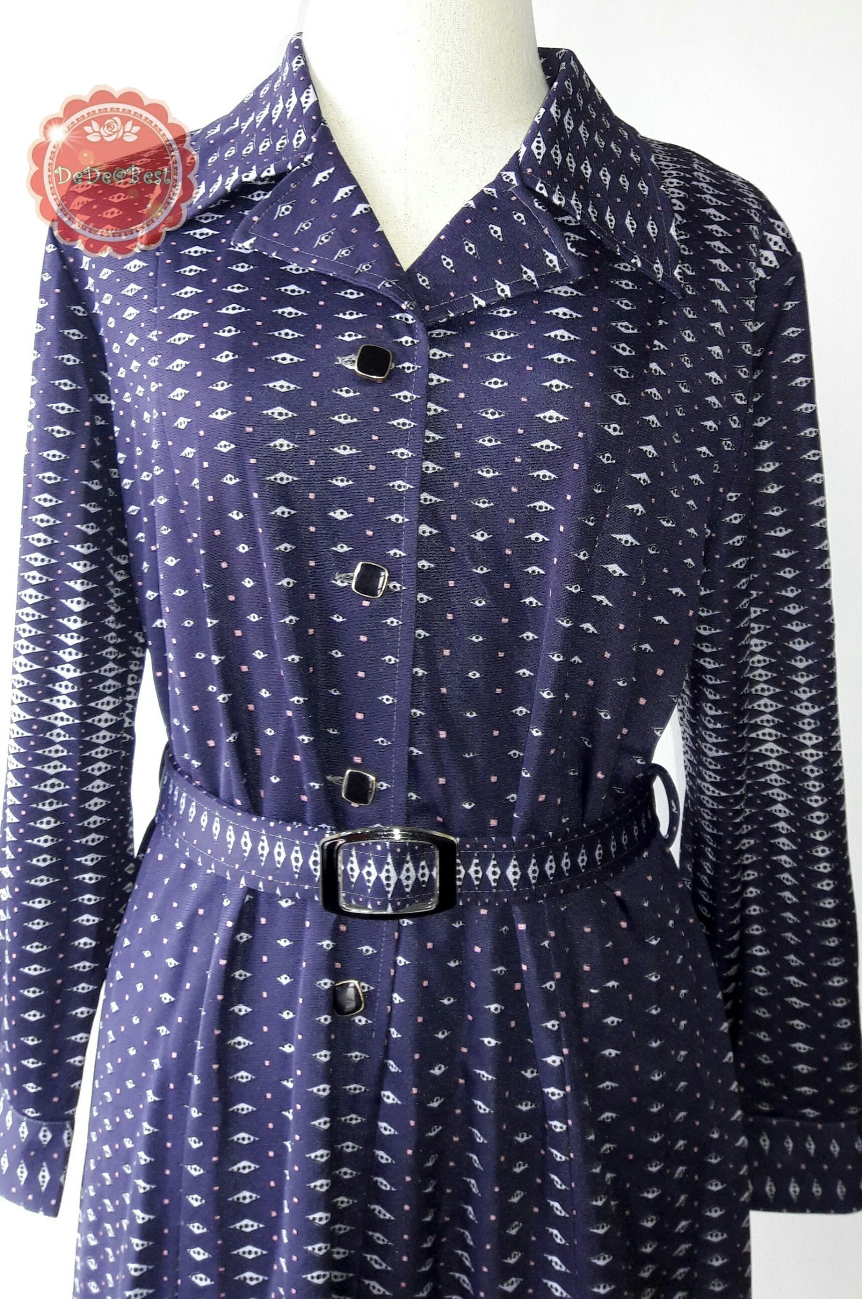 D46:Vintage dress เดรสวินเทจผ้าโพลีสีน้ำเงินลายกราฟฟิค(มีเข็มขัด)