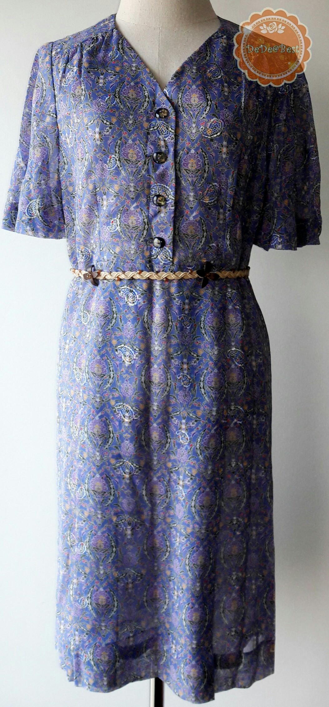 D31:Vintage dress เดรสวินเทจสีม่วงอ่อน ลายกราฟฟิค