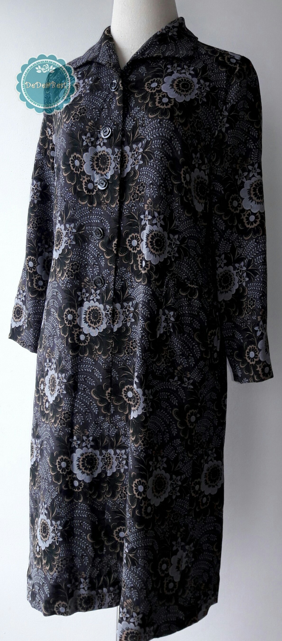 D40:Vintage dress เดรสวินเทจสีเทาลายดอกไม้