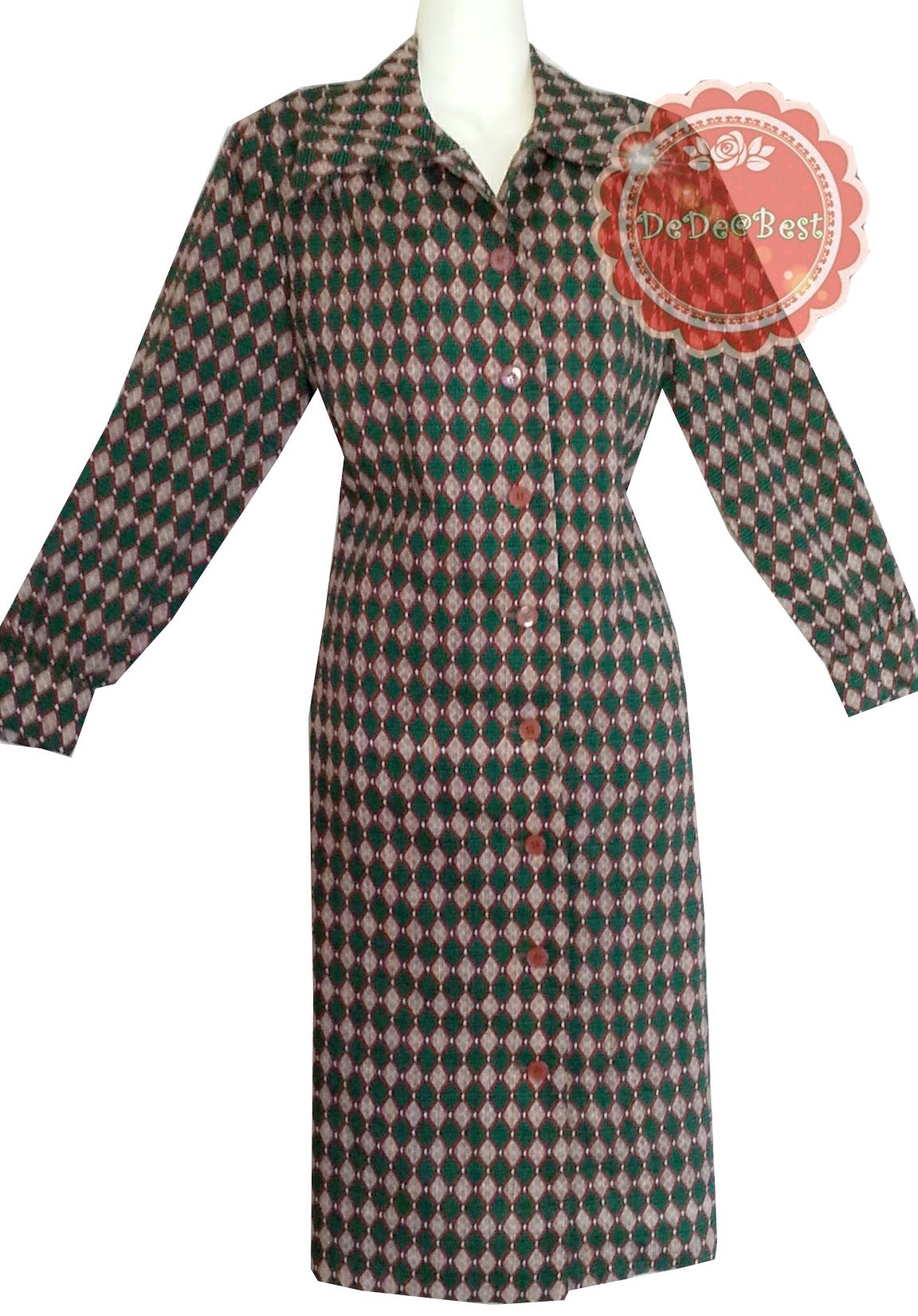 ขายแล้วค่ะD54:Vintage dress เดรสวินเทจลายกราฟฟิคสีเขียวและสีน้ำตาล (Brand Lady Lover ISETAN TOKYO) ! ส่งฟรีค่าาา.. !!❤