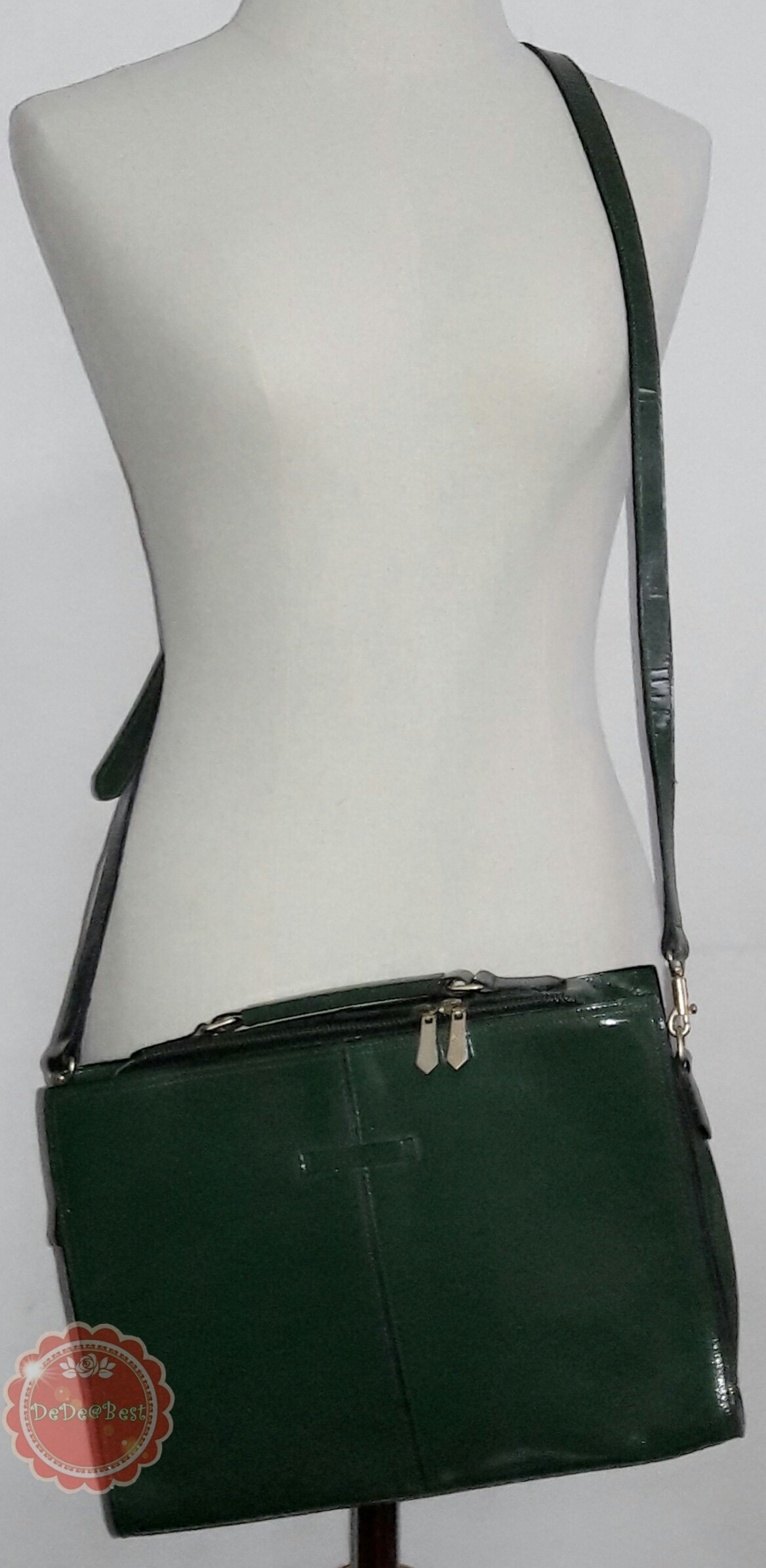 B44:Vintage leather bag กระเป๋าหนังแท้สีเขียวทรงสี่เหลี่ยม/ใส่เอกสาร/สะพาย/ถือ/ถอดสายได้