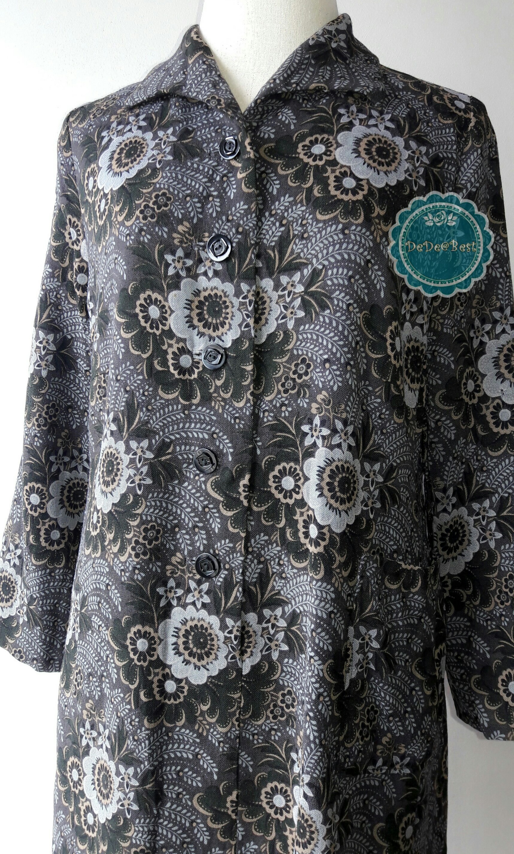 D40:Vintage dress เดรสวินเทจสีเทาลายดอกไม้