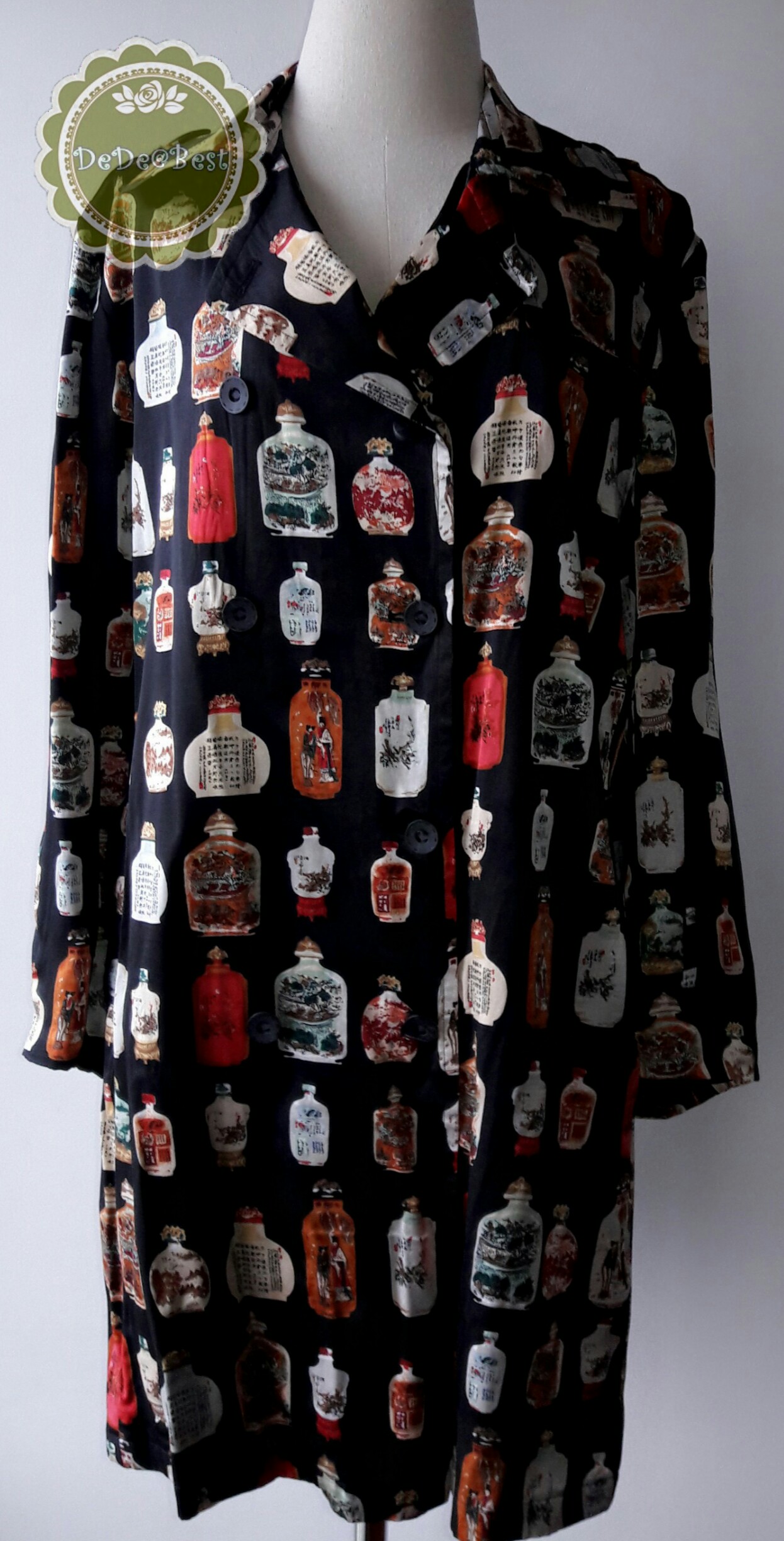 D52:Vintage dress เดรสวินเทจสีดำลายขวดจีนโบราณ(ซับในทั้งตัวและมีเข็มขัด)